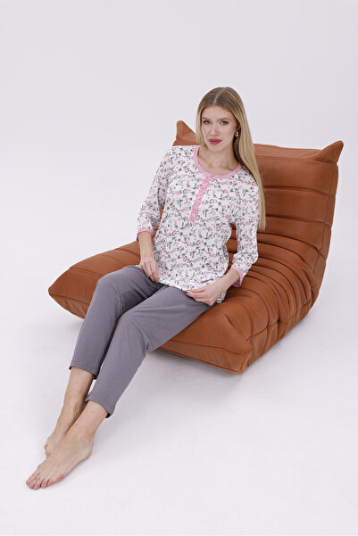 Mio Vero Women's Smoked Floral Patterned Fakir Sleeve Design Pajama Set