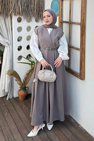 lamelif Pile Detailed Belted Gilet Soft Brown