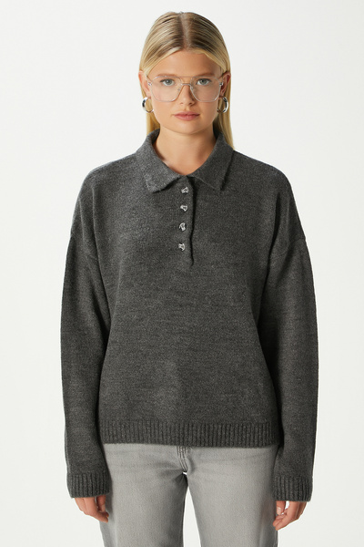Ritnice Women's Otto Soft Textured Pola Collar Anthracite Sweater