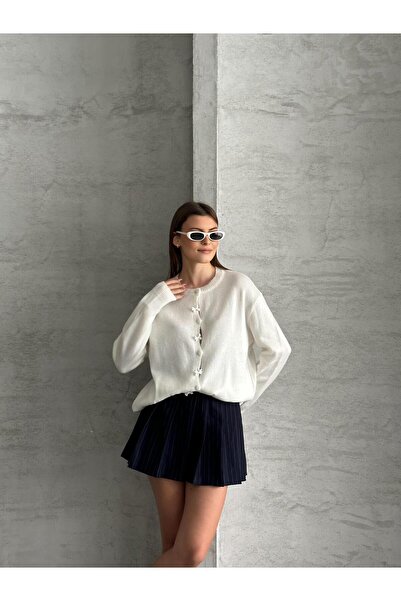 FERZOLAİO White Knit Cardigan with Bow Buttons