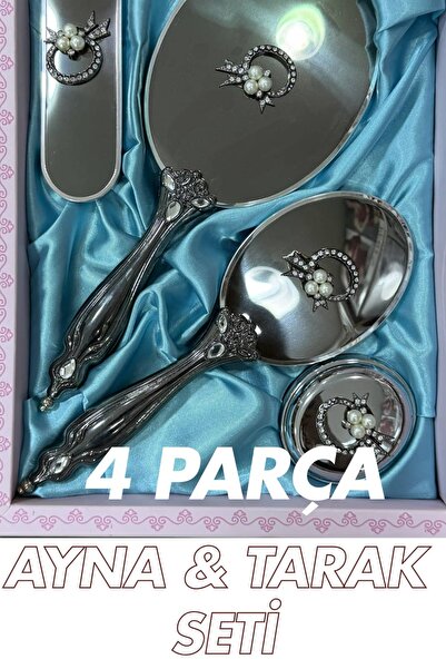 Dantelux طقم مرآة ومشط مكون من 4 قطع (طقم أدوات الحمام للعروس) - فضي