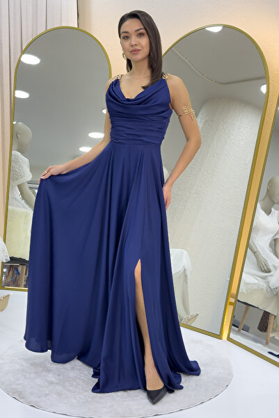 thezkscom Kadın Gold Askılı Ön Drapeli Saten Yırtmaçlı Abiye Elbise Bordo,Yeşil,Mor,Siyah,Lacivert,Saks,Gül K.