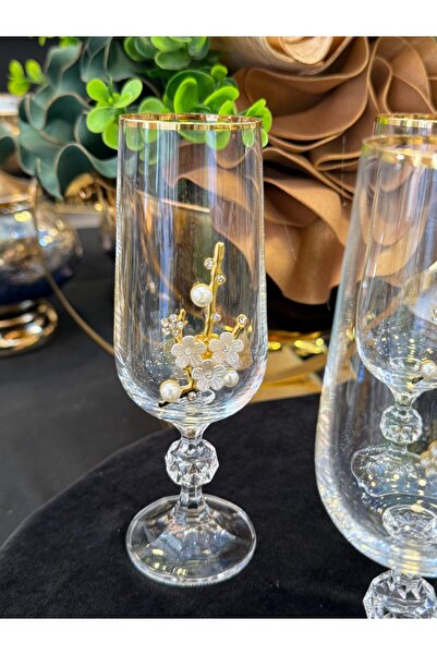 LOKMAN ZÜCCACİYE 6 Pieces Bohemia Crystal Gold Gilded Pearl Brooch Brown or Water Glass Cup 180 ml
