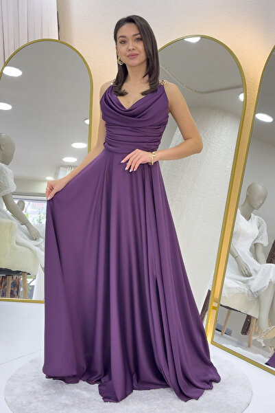 thezkscom Kadın Gold Askılı Ön Drapeli Saten Yırtmaçlı Abiye Elbise Bordo,Yeş...