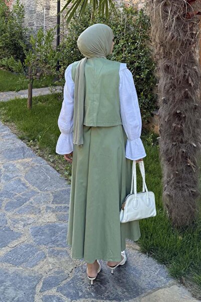 lamelif Gabardine Vest-Skirt Two-Piece Hijab Suit Green