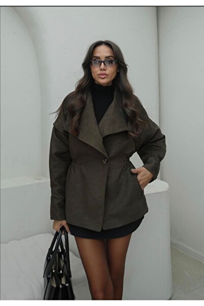 FMN Moda معطف كبير الحجم بتصميم مبطن بقماش النوبوك، ياقة معطف كبيرة، زر واحد، معطف ضيق عند الخصر مع أربطة