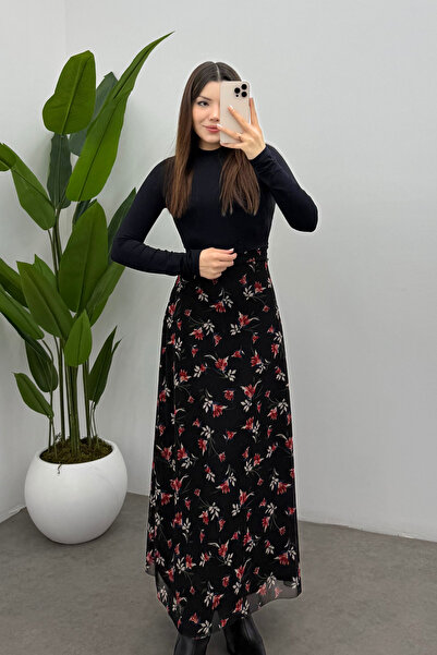 Bipantolon Women's Red Leaf Printed Maxi Tulle Skirt with Back Elastic Detail and Zipper