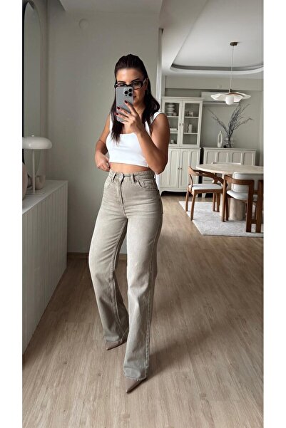 Fistan Byn Melisa Bej Taşlamalı Straight Jean