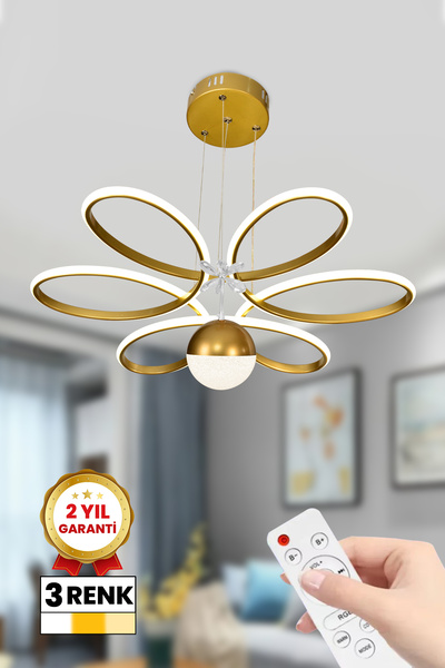 RİZZ Papatya 3 Renk Kumandalı Toplu Kristalli Led Avize Gold Kasa