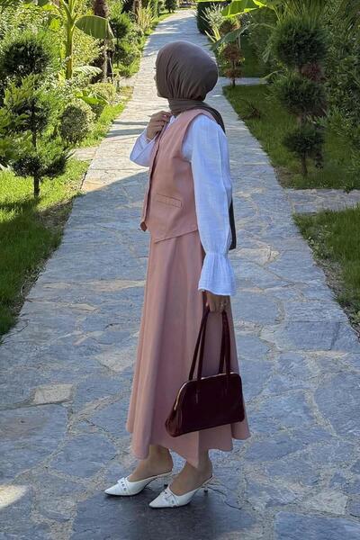 lamelif Gabardine Vest-Skirt Two-Piece Hijab Set Powder
