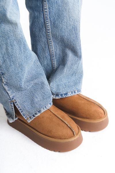 ELAIA SHOES Tan Suede Thick Sole Daily Winter Slippers with Fur Inside