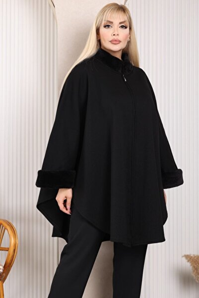 sinemisxxl Yaka Ve Kollu Kürk Detaylı Çelik Kumaş Fermuarlı Panço Kaban