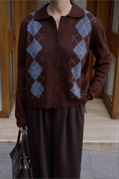 Zey Studio Women's Brown Polo Neck Detailed Baklava Patterned Knitwear Cardigan