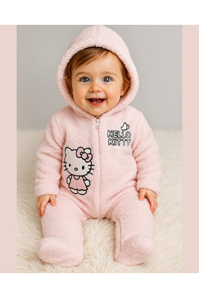 asliva Hello Welsoft Pelüş Kız Bebek Tulum – Kapüşonlu ve Patikli - Pembe/Bej...