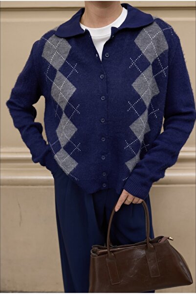 Zey Studio Women's Navy Blue Polo Neck Detailed Baklava Patterned Knitwear Ca...