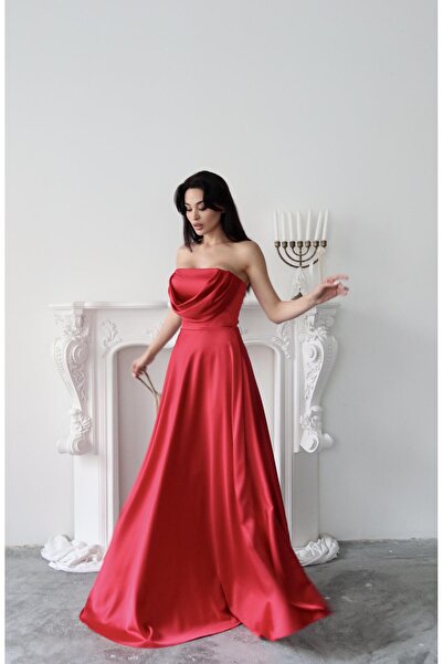 Serica Moda Red Bust Draped Strapless Satin Evening Dress