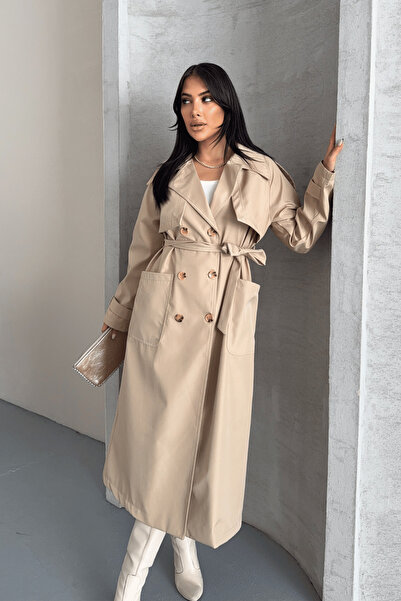 giyimmasalı Bondit Fabric Pocket Trench Coat - Cream