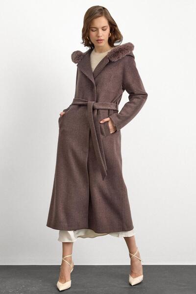 Olcay Fur Hooded Waist Tied Long Coat Latte 3107
