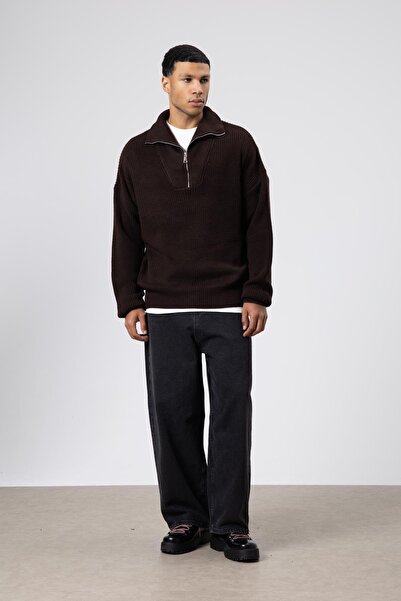 VAMOSCLO Πλεκτό πουλόβερ με μισό φερμουάρ ανοιχτό καφέ