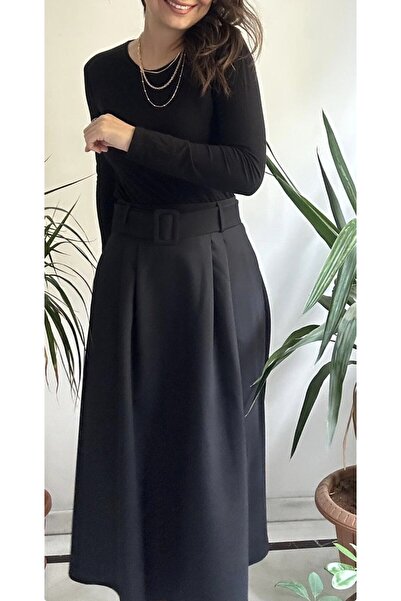 LaSorella Butik KADIN SİYAH MİDİ BOY KEMERLİ ETEK