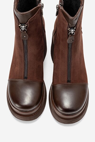 LuviShoes Γυναικείες μπότες με τακούνι πλατφόρμας ANETT καφέ δέρμα-σουέντ με φερμουάρ