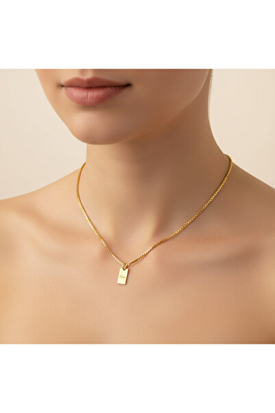 Medusa Gift 925 Ayar Gümüş Zincirli 14 Ayar Altın Kaplama Mini Dikdörtgen İsim Kolye Gold