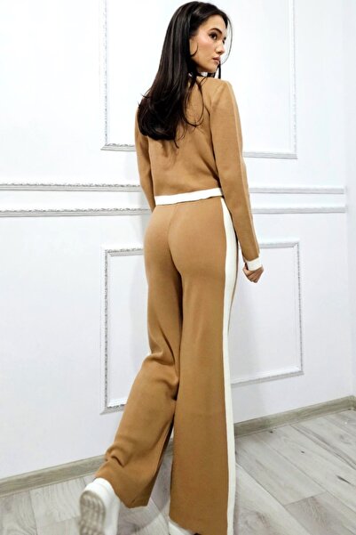FashionForYou Thalos casual knit suit, with blouse and flared pants, Brown