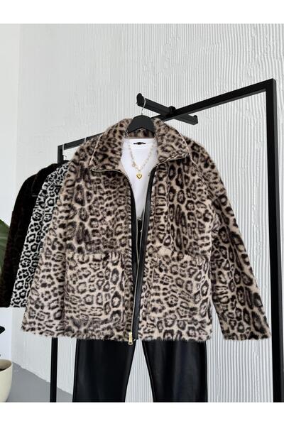 FERZOLAİO Mink Leopard Patterned Zippered Plush Jacket