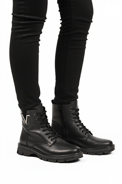 AYAKMOD Cizme de damă anti-alunecare din piele neagră, cu șireturi, cu fermoa...