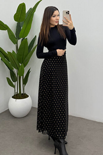 Bipantolon Women's Black Polka Dot Maxi Tulle Skirt with Back Elastic Detail and Zipper