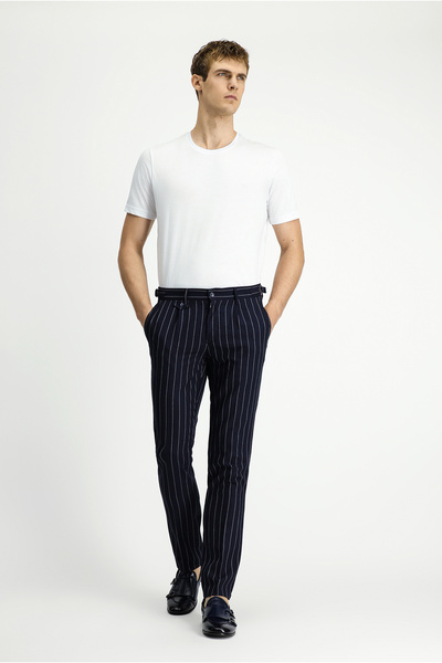 Kiğılı Slim Fit Narrow Cut Linen Blend Striped Buckle Classic Fabric Trousers