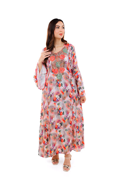 amaan Women's Luxury Floral Embroidered Jalabiya, Rayon Cotton Dress with Bell Sleeves, Arabic Style