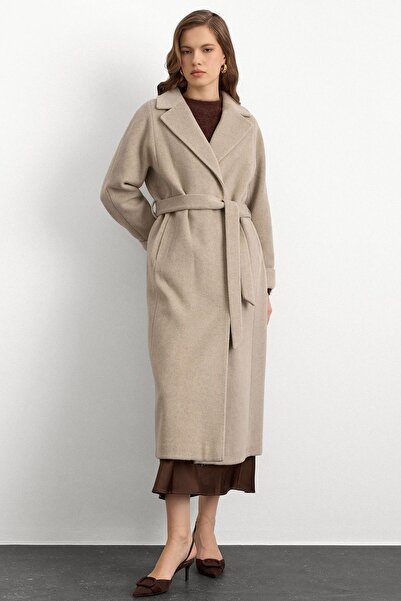 Olcay Oversize Premium Coat with Knitted Stitch Detail Stone Melanj 3108