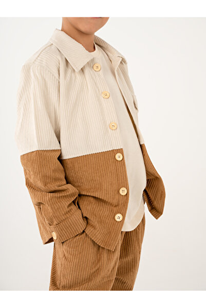 Catz Kids Erkek Çocuk Krem Camel Kadife Retro Pantolon Gömlek Takım
