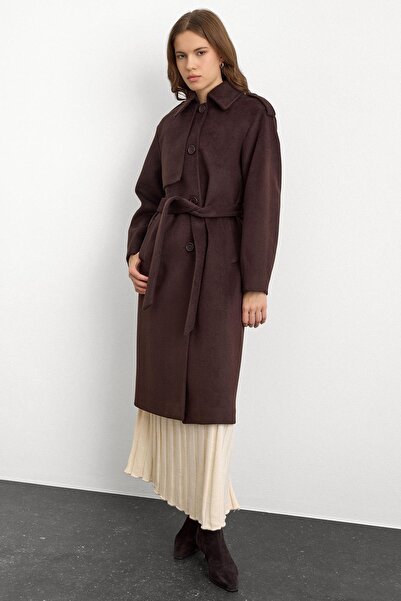 Olcay Shirt Collar Punto Stitching Detailed Premium Coat Brown 3125