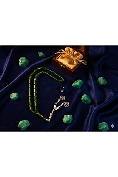 Anemore Collection سبحة كهرمان ناري مقطوعة - لون أخضر