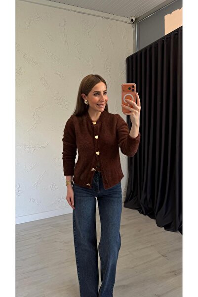 elif teke Yumoş Heart Button Cardigan Brown