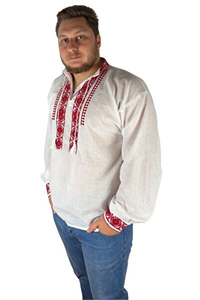 rody's forever Men’s traditional Romanian shirt CPB3 white crystal/burgundy red size L
