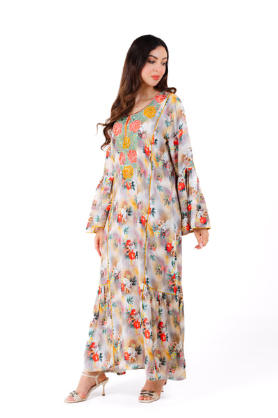 amaan Women's Luxury Floral Embroidered Jalabiya, Rayon Cotton Dress with Bell Sleeves, Arabic Style