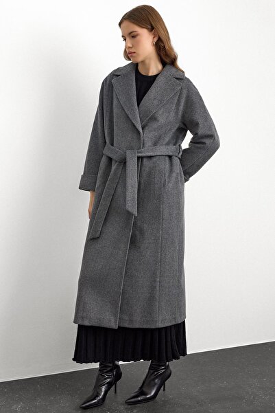 Olcay Oversize Premium Coat with Knit Stitch Detail Dark Gray 3108