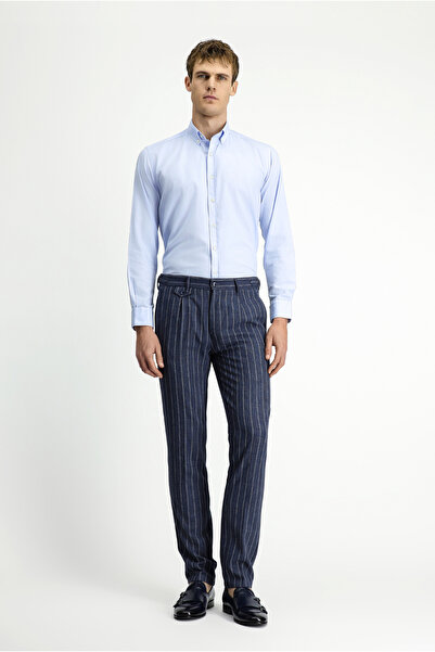 Kiğılı Slim Fit Narrow Cut Linen Blend Striped Buckle Classic Fabric Trousers