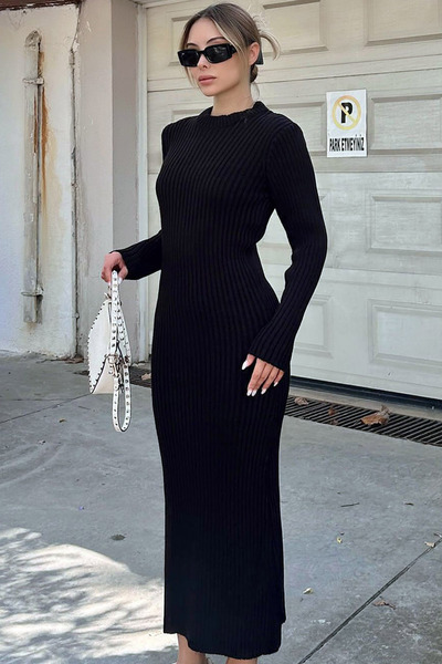 MissKybele Sıfır Yuvarlak Yakalı Uzun Kollu Fitilli Dokuma Fit Kalıp Bilek Boy Yünlü Kalem Triko Elbise