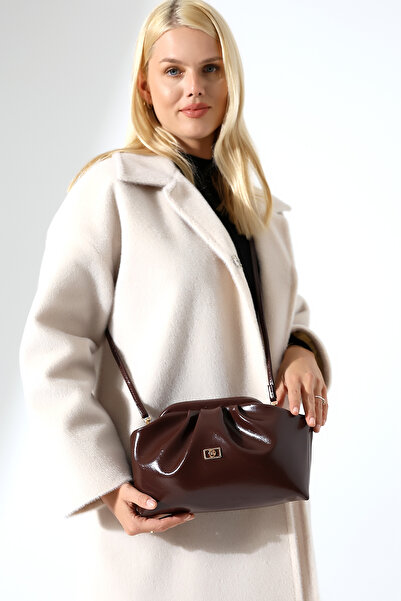 Encool Brown Women's Medium Size Bohça Form Stylish Handbag with Gold Accessories and Crossbody Strap