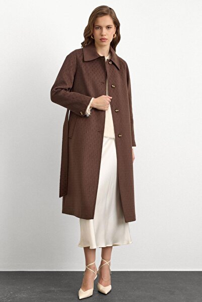 Olcay Reglan Sleeve Jacquard Pattern Limited Edition Coat Brown 3135