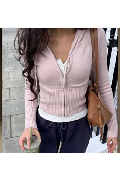 İsra Ayyıldız Moonstar Collection Kapüşonlu Lastik Örgü Detaylı Y2K Uzun Kollu Hırka Crop