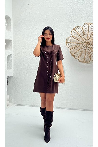 Nida Boutique Önü İnci Çakma Detaylı Kısa Kol Süet Kısa Elbise