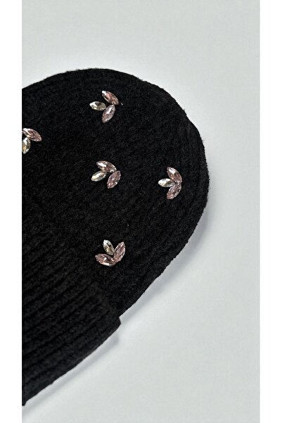 PIRILTISHOP Taş Detaylı Antrasit Bere – Soft Pembe & Silver Kristal Taşlı