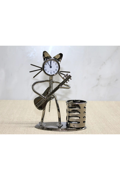 Twin Store Metal Guitar Playing Musician Cat Clock and Pen Holder