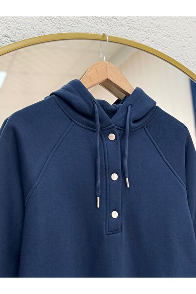 BENAHOLL Bemedra Φούτερ με κουκούλα με λεπτομέρεια ραφής στους ώμους και κουμπώματα ZN6685 Navy Blue