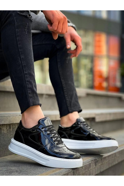 GökTR Kb-X8 Kuback Black Patent Leather Detailed White High Sole Casual Sports Shoes